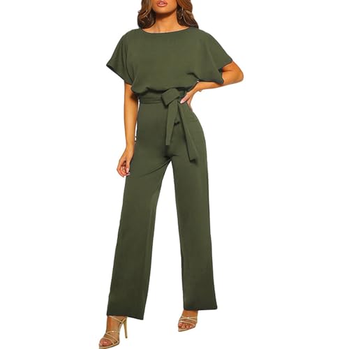 Coloody Damen Lang Jumpsuit Overall Hosenanzug Elegant Romper Kurzarm Rundhals Playsuit mit Gürtel Hosenanzug Breite Weites Bein Overall von Coloody