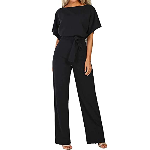 Coloody Damen Lang Jumpsuit Overall Hosenanzug Elegant Romper Kurzarm Rundhals Playsuit mit Gürtel Hosenanzug Breite Weites Bein Overall von Coloody