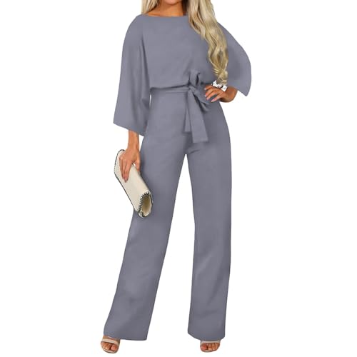 Coloody Damen Lang Jumpsuit Overall Hosenanzug Elegant Romper Kurzarm Rundhals Playsuit mit Gürtel Hosenanzug Breite Weites Bein Overall von Coloody