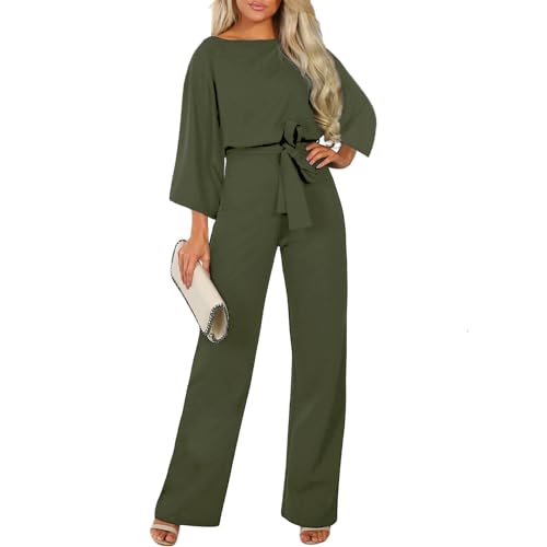 Coloody Damen Lang Jumpsuit Overall Hosenanzug Elegant Romper Kurzarm Rundhals Playsuit mit Gürtel Hosenanzug Breite Weites Bein Overall von Coloody