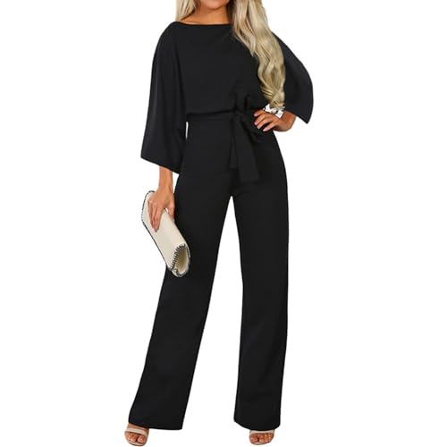 Coloody Damen Lang Jumpsuit Overall Hosenanzug Elegant Romper Kurzarm Rundhals Playsuit mit Gürtel Hosenanzug Breite Weites Bein Overall von Coloody