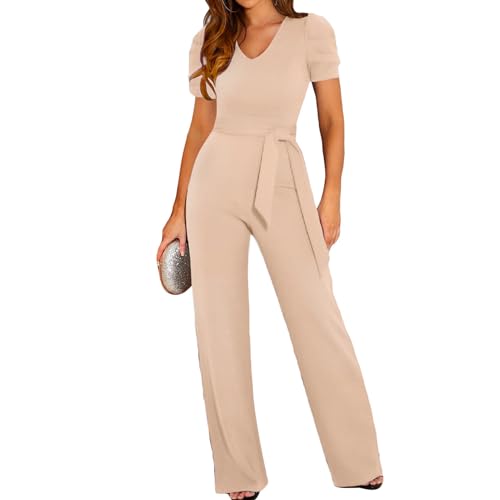 Coloody Damen Lang Jumpsuit Overall Hosenanzug V Ausschnitt Elegant Romper Kurzarm Rundhals Playsuit mit Gürtel Hosenanzug Breite Weites Bein Overall von Coloody