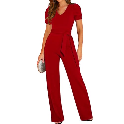 Coloody Damen Lang Jumpsuit Overall Hosenanzug V Ausschnitt Elegant Romper Kurzarm Rundhals Playsuit mit Gürtel Hosenanzug Breite Weites Bein Overall von Coloody