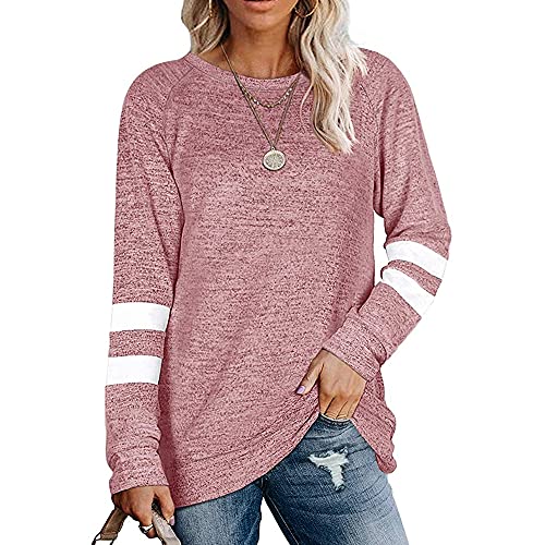 Coloody Damen Langarm Rundhals Freizeit T Shirts Blusen Sweatshirts Tunika Tops für den Winter Baumwolle Pullover Casual Oberteile Tops(Rosa,L) von Coloody