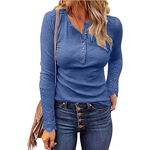 Coloody Damen Langarmshirt Knopfleiste Henley Shirt Pullover Lässig T-Shirt V-Ausschnitt Langarm Oberteil Bluse von Coloody