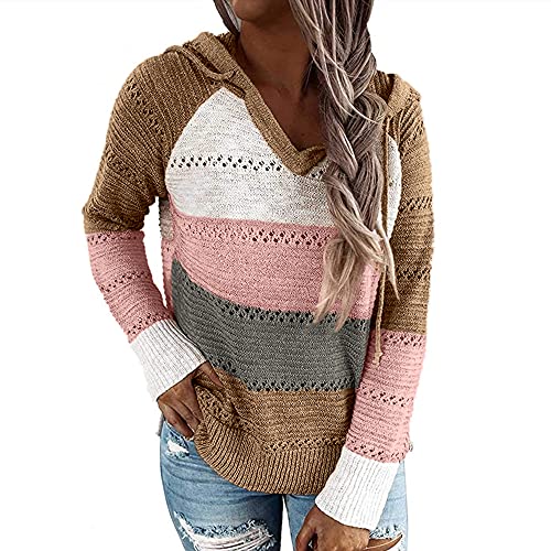 Coloody Damen Pullover Strickpullover V Auschnitt Sweatshirt Gestreift Hoodie Kapuzenpullover Strickmantel Pulli Herbst Oberteile Tops von Coloody