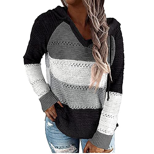 Coloody Damen Pullover Strickpullover V Auschnitt Sweatshirt Gestreift Hoodie Kapuzenpullover Strickmantel Pulli Herbst Oberteile Tops von Coloody