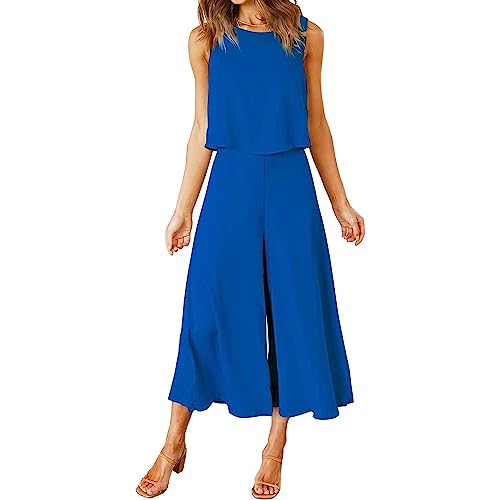 Coloody Damen Sommer 2 teiliges Outfit ärmellos Rundhals Tanktop gekürzte Weite Beinhose Hosen-Set-Schatz Blau-XXL von Coloody