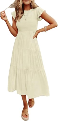Coloody Damen Sommerkleid Rundhals Flatterärmel Einfarbig Kurzarm Mid Länge Kleid Boho Elastische HoheTaille Lässig Rüschen Kleid Strandkleid-Beige-L von Coloody