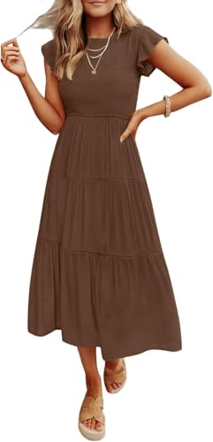 Coloody Damen Sommerkleid Rundhals Flatterärmel Einfarbig Kurzarm Mid Länge Kleid Boho Elastische HoheTaille Lässig Rüschen Kleid Strandkleid-Kaffee-L von Coloody
