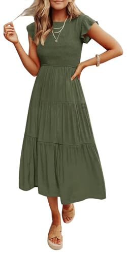 Coloody Damen Sommerkleid Rundhals Flatterärmel Einfarbig Kurzarm Mid Länge Kleid Boho Elastische HoheTaille Lässig Rüschen Kleid Strandkleid-Military grün-M Coloody Damen Sommerkleid Rundhals Flatterärmel Einfarbig Kurzarm Mid Länge Kleid Boho Elastische HoheTaille Lässig Rüschen Kleid Strandkleid-Military grün-M von Coloody