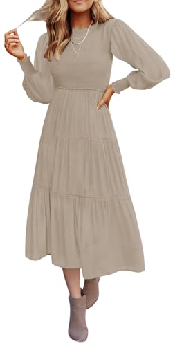 Coloody Damen Sommerkleid Rundhals Flatterärmel Einfarbig Lange Ärmel Mid Länge Kleid Boho Elastische HoheTaille Lässig Rüschen Kleid Strandkleid-helles Khaki-XXL von Coloody