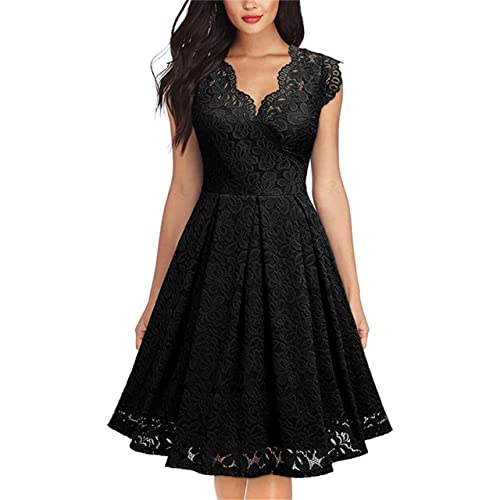 Coloody Damen Spitzenkleid Langarm Kleid V-Ausschitt Cocktailkleid Retro Spitzen Schwingen Pinup Kleid Knielang Ballkleid von Coloody