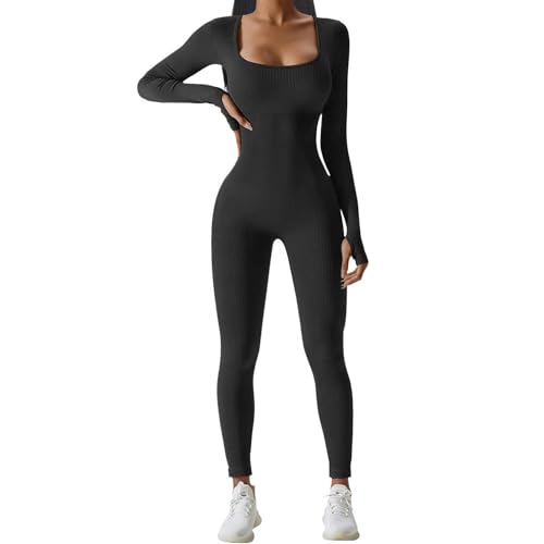 Coloody Damen Sport Jumpsuit Langarm Eng Yoga Bodysuit Overall Stretch Bodycon Strampler Gerippt Gestrickt Sportanzug Einteiler Hosenanzug von Coloody