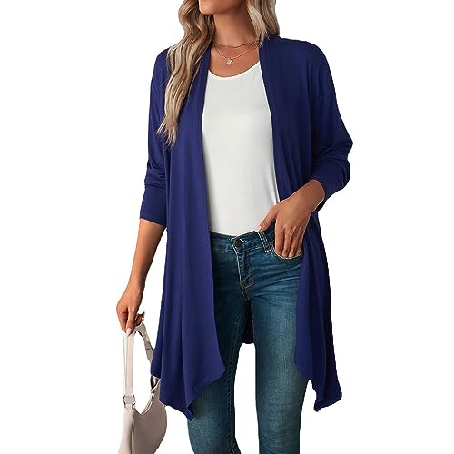 Coloody Damen Strickjacke Langarm Open Front Casual Einfarbige Dünn Cardigan Leichte Weiche Top Elegant Gestrickt Jacke Lang Sweater-Dunkelblau-M von Coloody