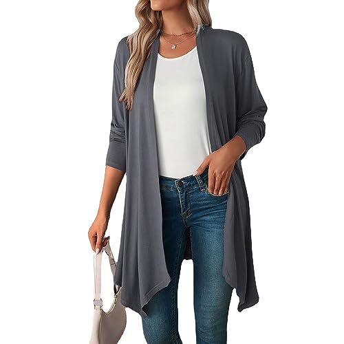 Coloody Damen Strickjacke Langarm Open Front Casual Einfarbige Dünn Cardigan Leichte Weiche Top Elegant Gestrickt Jacke Lang Sweater-Grau-L von Coloody