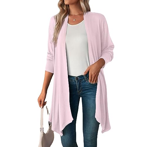 Coloody Damen Strickjacke Langarm Open Front Casual Einfarbige Dünn Cardigan Leichte Weiche Top Elegant Gestrickt Jacke Lang Sweater-Rosa-M von Coloody