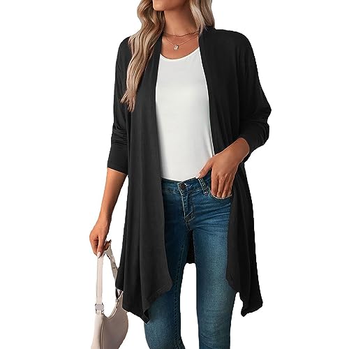 Coloody Damen Strickjacke Langarm Open Front Casual Einfarbige Dünn Cardigan Leichte Weiche Top Elegant Gestrickt Jacke Lang Sweater-Schwarz-L von Coloody