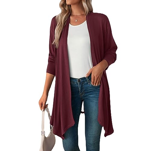 Coloody Damen Strickjacke Langarm Open Front Casual Einfarbige Dünn Cardigan Leichte Weiche Top Elegant Gestrickt Jacke Lang Sweater-Weinrot-XXL Coloody Damen Strickjacke Langarm Open Front Casual Einfarbige Dünn Cardigan Leichte Weiche Top Elegant Gestrickt Jacke Lang Sweater-Weinrot-XXL von Coloody