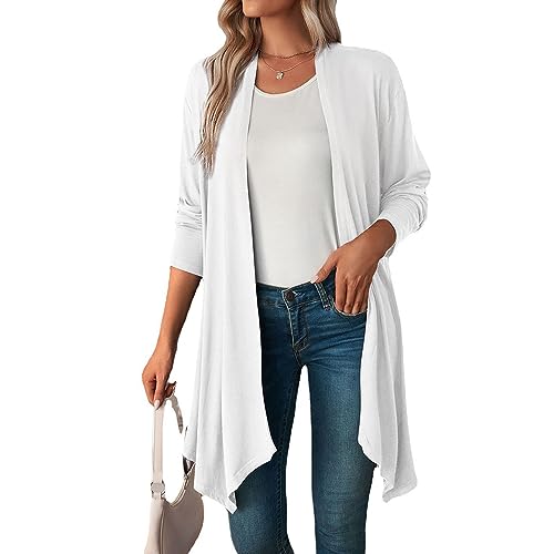 Coloody Damen Strickjacke Langarm Open Front Casual Einfarbige Dünn Cardigan Leichte Weiche Top Elegant Gestrickt Jacke Lang Sweater-Weiß-XL von Coloody