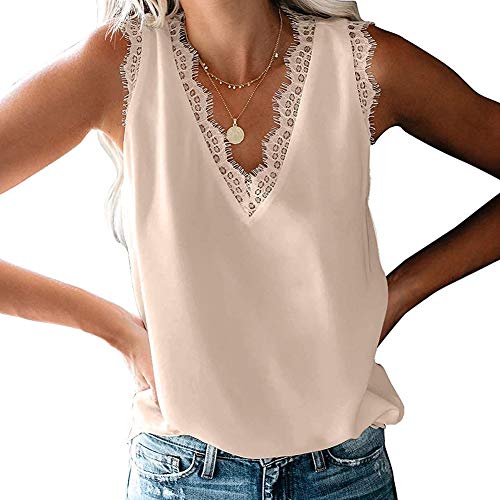 Coloody Damen Tank Tops Sommer Ärmellose Blusentop Spitzen V-Ausschnitt Weste Tops Casual Shirt Tops Bluse(Aprikose) L von Coloody