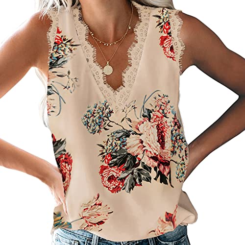 Coloody Damen Tank Tops Sommer Ärmellose Blusentop Spitzen V-Ausschnitt Weste Tops Casual Shirt Tops Bluse(Aprikosenblüte) M von Coloody