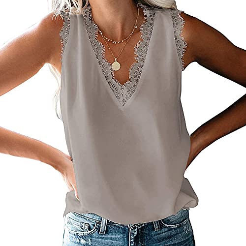 Coloody Damen Tank Tops Sommer Ärmellose Blusentop Spitzen V-Ausschnitt Weste Tops Casual Shirt Tops Bluse(Grau) L von Coloody
