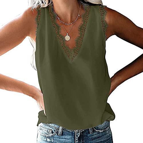Coloody Damen Tank Tops Sommer Ärmellose Blusentop Spitzen V-Ausschnitt Weste Tops Casual Shirt Tops Bluse(Grün) XXL von Coloody