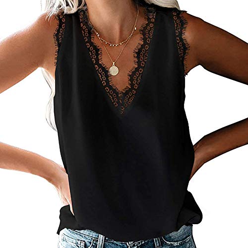 Coloody Damen Tank Tops Sommer Ärmellose Blusentop Spitzen V-Ausschnitt Weste Tops Casual Shirt Tops Bluse(Schwarz) M von Coloody