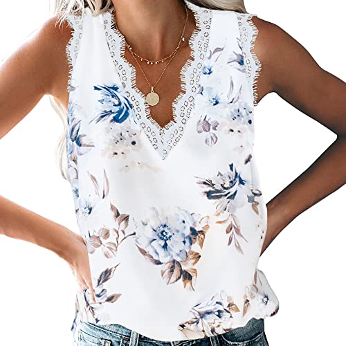 Coloody Damen Tank Tops Sommer Ärmellose Blusentop Spitzen V-Ausschnitt Weste Tops Casual Shirt Tops Bluse(Weiße Blume) XXL von Coloody