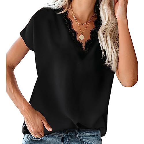 Coloody Damen Tops Sommer Blusentop Spitzen V-Ausschnitt Kurzarm Tops Casual Shirt Tops Bluse(Schwarz) S von Coloody