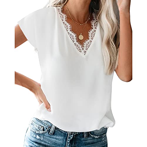 Coloody Damen Tops Sommer Blusentop Spitzen V-Ausschnitt Kurzarm Tops Casual Shirt Tops Bluse(Weiß) L von Coloody