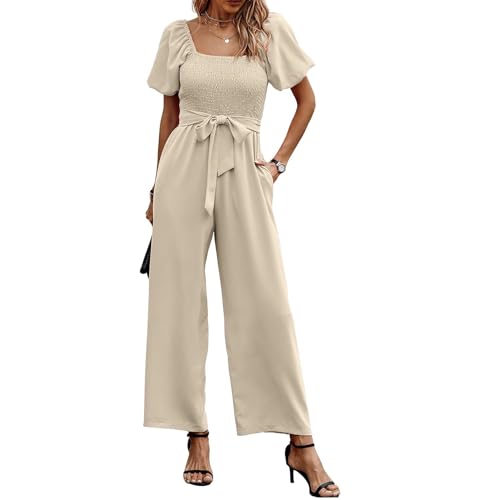 Coloody Jumpsuit Damen Kurzarm Puffärmel Hosenanzug Quadratischem Ausschnitt Overall Sommer Elegant Breites Hosenbein Romper mit Gürtel von Coloody
