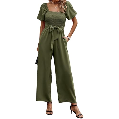 Coloody Jumpsuit Damen Kurzarm Puffärmel Hosenanzug Quadratischem Ausschnitt Overall Sommer Elegant Breites Hosenbein Romper mit Gürtel von Coloody