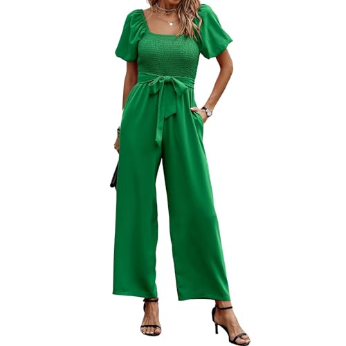 Coloody Jumpsuit Damen Kurzarm Puffärmel Hosenanzug Quadratischem Ausschnitt Overall Sommer Elegant Breites Hosenbein Romper mit Gürtel von Coloody