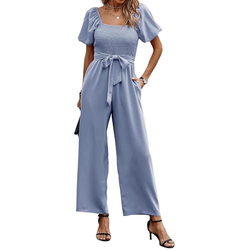 Coloody Jumpsuit Damen Kurzarm Puffärmel Hosenanzug Quadratischem Ausschnitt Overall Sommer Elegant Breites Hosenbein Romper mit Gürtel von Coloody