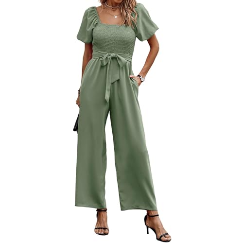 Coloody Jumpsuit Damen Kurzarm Puffärmel Hosenanzug Quadratischem Ausschnitt Overall Sommer Elegant Breites Hosenbein Romper mit Gürtel von Coloody