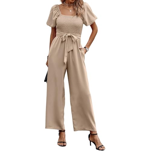 Coloody Jumpsuit Damen Kurzarm Puffärmel Hosenanzug Quadratischem Ausschnitt Overall Sommer Elegant Breites Hosenbein Romper mit Gürtel von Coloody