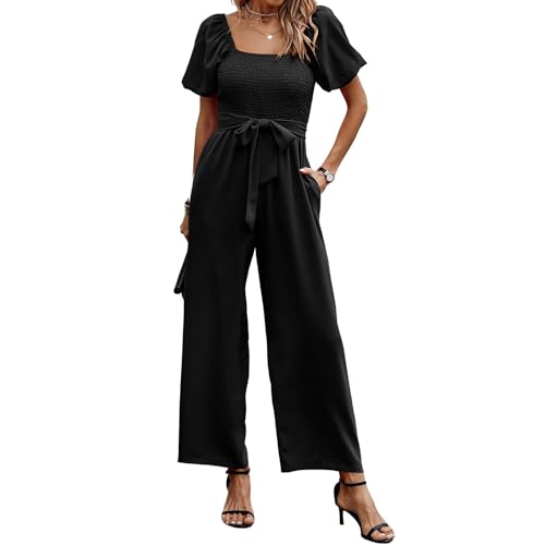 Coloody Jumpsuit Damen Kurzarm Puffärmel Hosenanzug Quadratischem Ausschnitt Overall Sommer Elegant Breites Hosenbein Romper mit Gürtel von Coloody