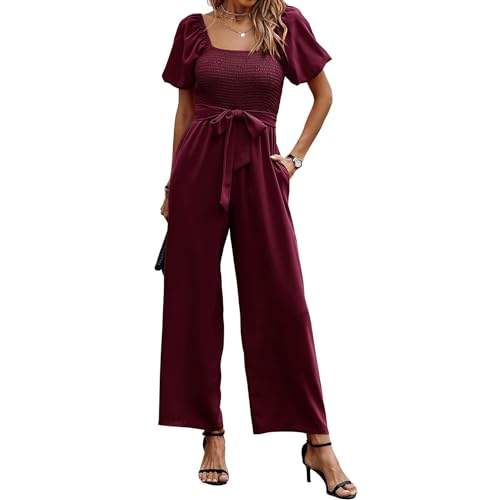 Coloody Jumpsuit Damen Kurzarm Puffärmel Hosenanzug Quadratischem Ausschnitt Overall Sommer Elegant Breites Hosenbein Romper mit Gürtel von Coloody