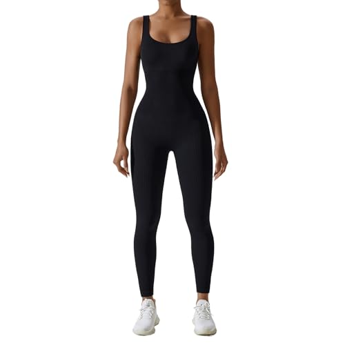 Coloody Jumpsuit Damen Yoga Gerippter Einteiler Leggings Ärmellos Stretch Tank Top Rompers Bodycon Lang Eng Bodysuit Overall Workout Sportanzug von Coloody