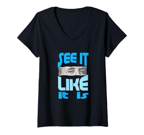 Damen Blau Öffne Deine Augen Blaue Grafik T-Shirt mit V-Ausschnitt von Color Match Blue Graphic Tee