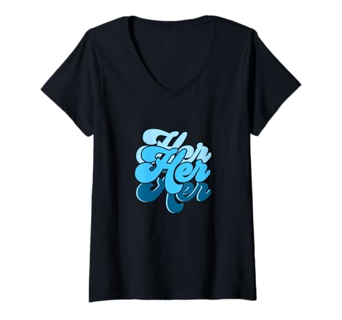Damen Blau She is Her Blue Grafik T-Shirt mit V-Ausschnitt von Color Match Blue Graphic Tee