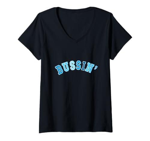 Damen Blaue Bussin' Blaue Grafik T-Shirt mit V-Ausschnitt von Color Match Blue Graphic Tee