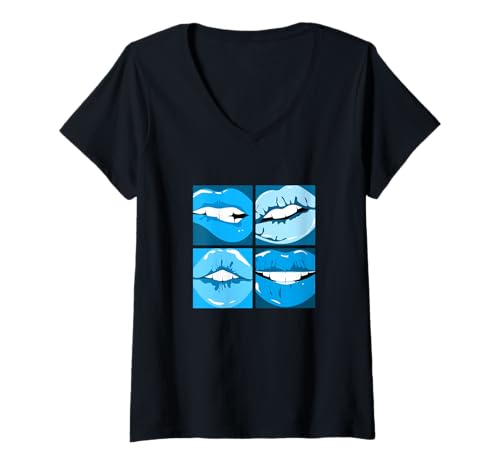 Damen Blaue Read My Lips Blaue Grafik T-Shirt mit V-Ausschnitt von Color Match Blue Graphic Tee