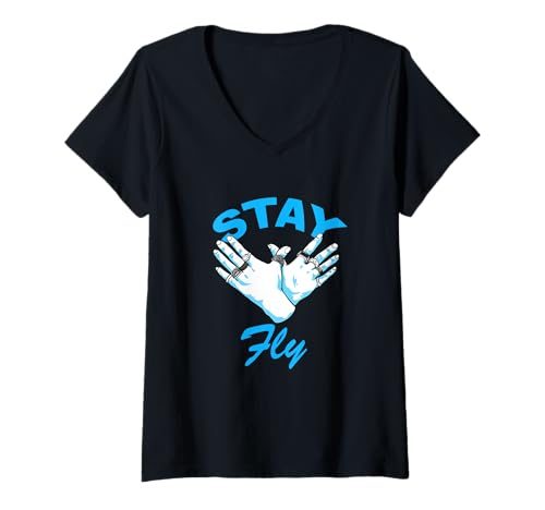 Damen Blaue Stay Fly Blaue Grafik T-Shirt mit V-Ausschnitt von Color Match Blue Graphic Tee