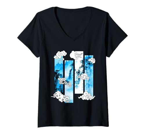 Damen Blaue japanische Cliffs-Szene, Blaue Grafik T-Shirt mit V-Ausschnitt von Color Match Blue Graphic Tee