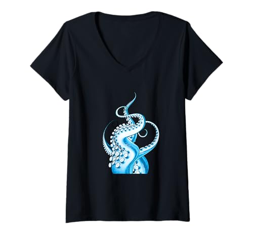 Damen Blauer Oktopus, Blaue Grafik T-Shirt mit V-Ausschnitt von Color Match Blue Graphic Tee