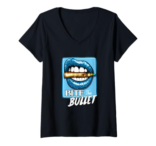 Damen Blue Bite The Bullet Blue Graphic T-Shirt mit V-Ausschnitt von Color Match Blue Graphic Tee