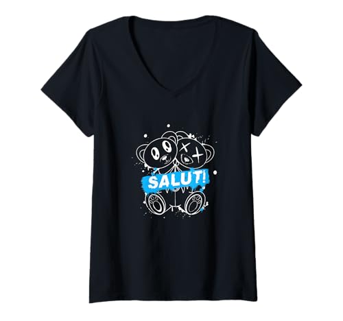 Damen Blue Salut! Blaue Grafik T-Shirt mit V-Ausschnitt von Color Match Blue Graphic Tee